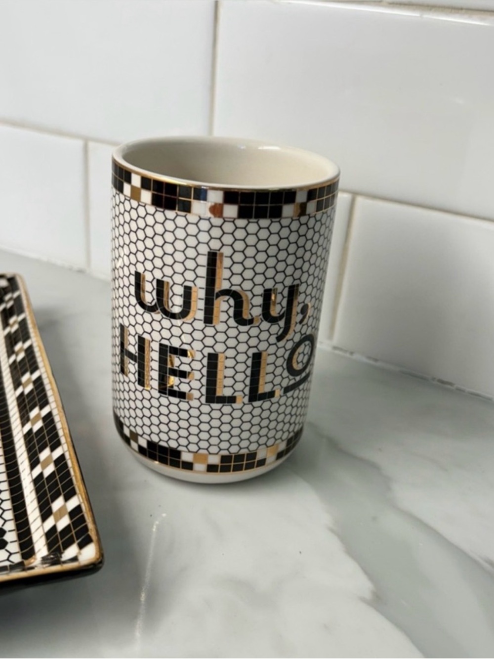 Anthropologie Why, Hello Ceramic Tumbler - White and Gold